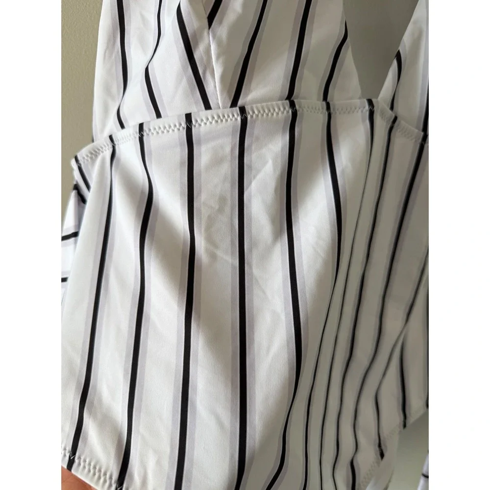 Cupshe White Black and lilac Striped Deep V-Neck Tie Waist One Piece Swimsuit